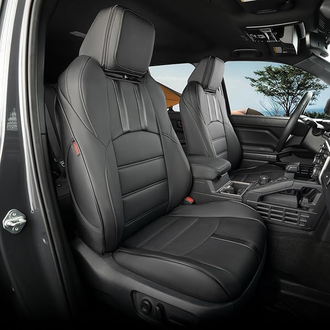 2024 2025 2026 Tacoma Seat Covers Full Set for Toyota Tacoma 4th Gen Double/Crew Cab SR,SR5,TRD Sport,TRD Off-Road,Limited,Luxury Waterproof Leather Car Seat Protector(Black&Carbon Fiber) by Coverdream