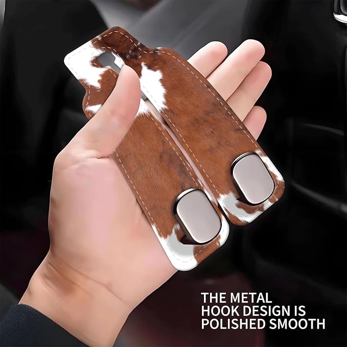 Car Seat Headrest Hook, Universal Leather Cute Hanger Holder Hook, Storage Organizer Interior Accessories for Purse Bags Handbag Brown White Cowhide - Image 4