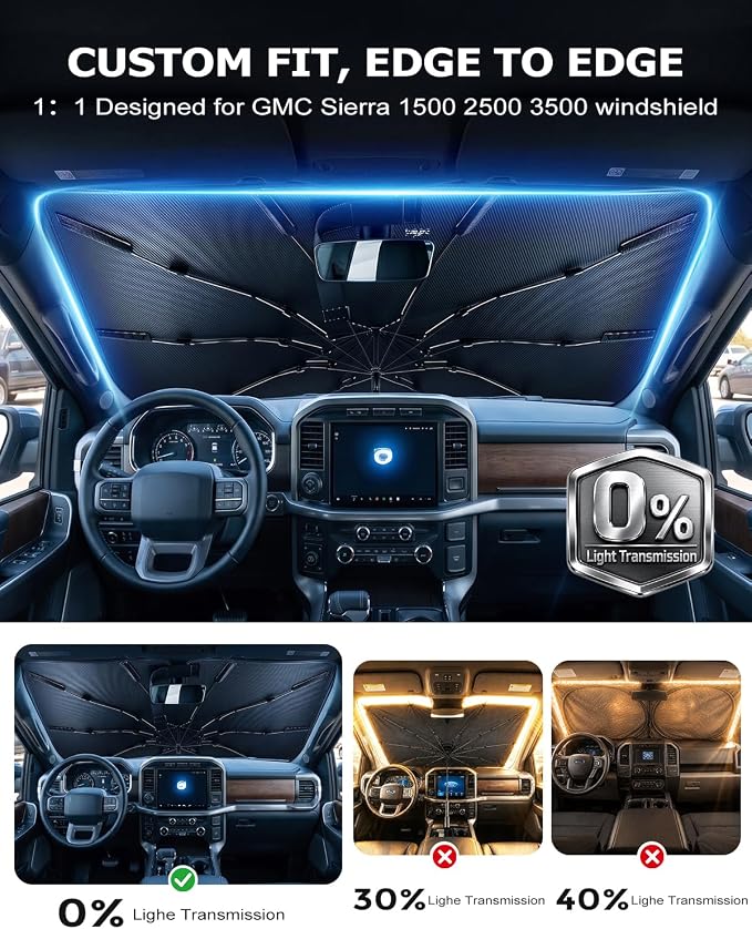 DMJN Umbrella Windshield Sun Shade for GMC Sierra 1500 2500 3500 (2014-2026), Car Sunshade for Front Windshield [Nano Ice-Crystal Coatings] UPF50+ Heat & UV Block, Protect Interior & Keep Cooler - Image 4
