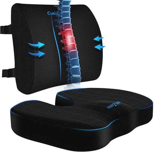 CushZone Seat Cushion and Lumbar Support Pillow for Office Chair, Black | Ergonomic Memory Foam for Sciatica Pain Relief & Posture Correction; Non-Slip Chair Cushions for Car, Wheelchair and Travel by CushZone