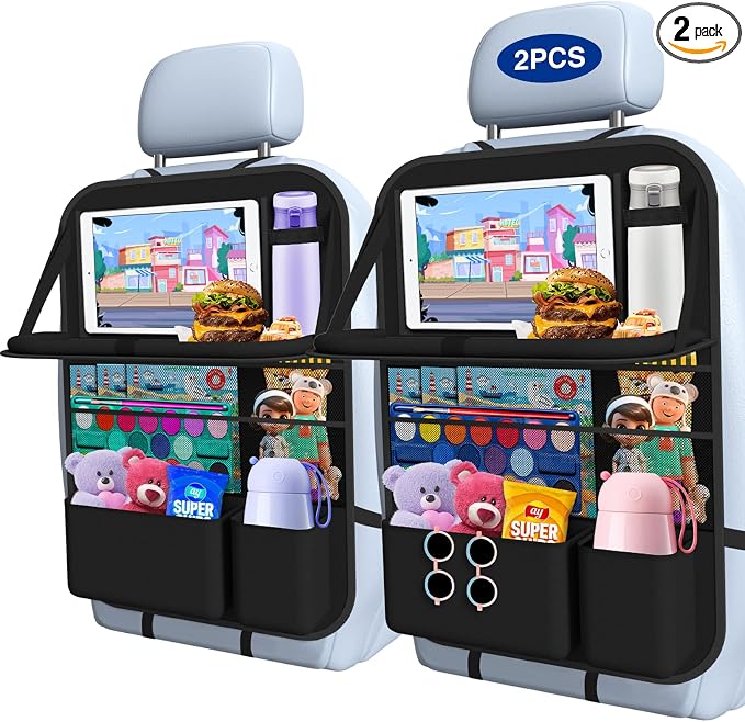 Car Backseat Organizer with Table Tray(2-Pack) 9 Storage Pockets Backseat Car Organizer and storage with Tablet Holder, Kick Mats Back Seat Cover for Kids family Road Trip Essentials Travel | 600d Oxford Fabric, Waterproof & Easy-Clean, Foldable Tray S... by Oneyus
