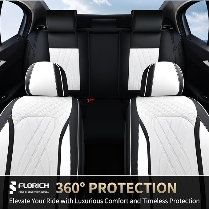 FLORICH Leather Car Seat Cover Full Set Automotive Seat Covers 5 Seats Front and Back Seat Cover Full Coverage Car Seat Cushion Universal Fit for Most Car Truck SUV Seat Protection, Black&White - Image 9