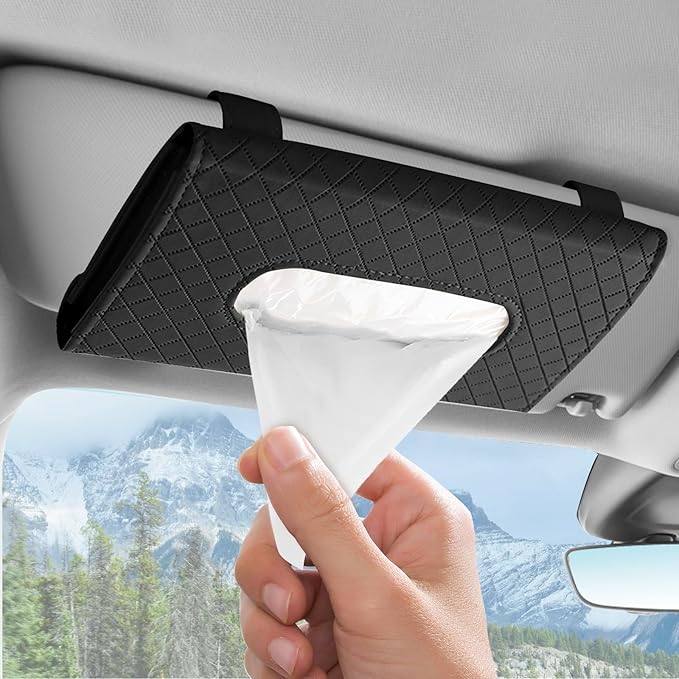wuyaoyao Car Tissue Holder, Leather Sun Visor Napkin Case, Plaid-Black | Hook-and-Loop Design, Car Tissue Dispenser, Clip-on Mask Holder for Sunvisor, Easy to Use, Fits SUVs, Sedans, Trucks by wuyaoyao