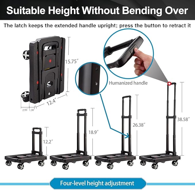 GtIiFmTe Foldable Hand Truck, Lightweight Luggage Cart for Airport Car Seat | Compact Folding dolly with Rotating swivel wheel,storage size12×15.7×4.1",300lbs Load,Upright Lock Handle with 3bungee cords - Image 3