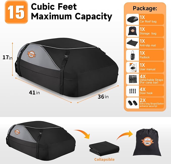 Sailnovo Rooftop Cargo Carrier roof Bag, 15 Cuft fit Cars with/Without Rack | Soft Waterproof Car Roof Bag,4 Tie-Down Straps, 4 Door Hooks,Foldable Car Top Carrier for Road Trip Camping Travel - Image 7
