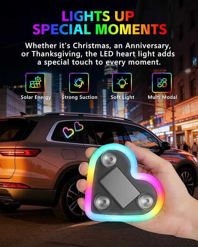 2PCS Car LED Ambient Lights, Car Triangle Window Solar-Powered Heart Shaped Atmosphere Light with 8 Switchable Lighting Modes, Rechargeable Romantic Neon Heart Light for Interior Car(Colorful) - Image 2