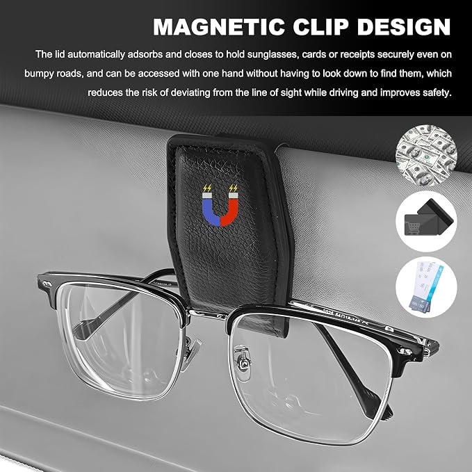 2PCS Sunglasses Holders for Car Sun Visor, Magnetic Leather Auto Visor Glasses Organizer Ticket Card Clip, Universal Eyeglasses Hanger Mounter for Most Cars, Trucks, SUVs (Gray) - Image 5