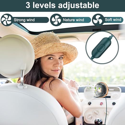 Glooglitter 2 Pcs Car Fan USB for Rear Seat Passenger Portable Headrest 360 Degree Rotatable 3 Speed 12v/ 24v Automobile Ventilation Fan with Clip for SUV Backseat, RV, Vehicles (Novelty,Gold) - Image 3