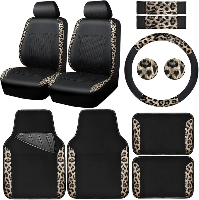 CAR PASS Leopard Print Faux Leather Car Seat Covers & Leopard Car Mats&Leopard Steering Wheel Cover Seat Belt Universal Car Accessories for SUV,Van,Saden,Truck Automobile Interior Sets(Gold Black) - Image 9