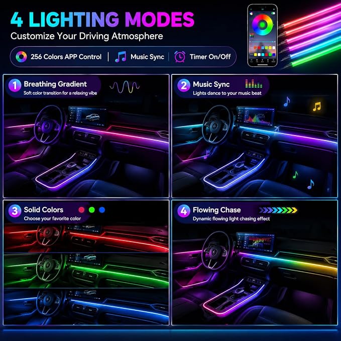 Acrylic Interior Car Ambient Lighting Kits, LED Strip Lights with Wireless APP, Neon Fiber Optic Lights Function LED Strip for Car with Music Modes (10 in 1) - Image 2