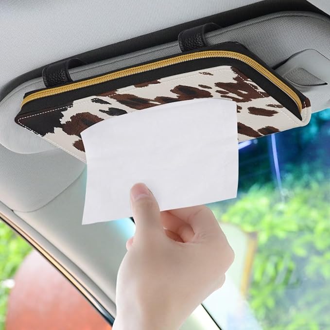 Biyejit Car Tissue Holder, Cow Hide Print Visor Napkins Box Dispenser For Car Decoration, Suitable For Most Cars, 1 Pack - Image 3