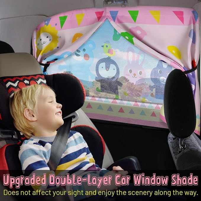 Car Window Shade for Baby, 2pcs Magnetic Auto Sun Shades for Side Windows Double Layer Full & Half Shade Options, Cute Patterns Car Window Curtains for Sun Glare Block - Image 3