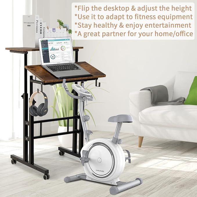 SIDUCAL Mobile Standing Desk, Portable Stand Up Desk, Small Adjustable Converter with Wheels Home Office Workstation, Rolling Laptop Cart for Sitting, Rustic Brown - Image 6