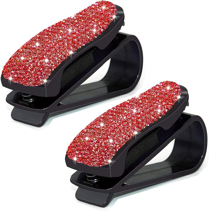 Glasses Holders for Car Sun Visor, 2 Pack Bling Crystal Rhinestones Fashion Car Eyeglasses Sunglasses Hanger Mount with Ticket Card Clip for Women Girls (Red) by CHIMUYU
