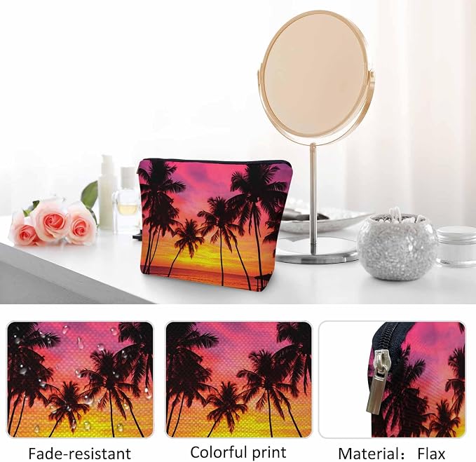 Tropical Beach Makeup Bags Makeup Organizer, Hawaii Ocean Beach Palm Trees Sunset Flax Toiletry Bags Travel Cosmetic Bag Makeup Purse Pouch Skincare Bag Wallet Bags For Women Female Mom - Image 5