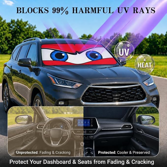 Car Windshield Sun Shade, Universal Fit Full-Size SUV Pickup MPV, Angry Red | 63 x 33.86" Large Windshield Cover, Foldable Front Window Sunshade, UV Heat Protection, Cute Eyes Series - Image 3