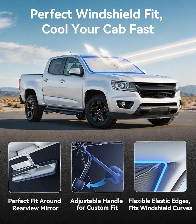 Nmoiss Windshield Sun Shade Umbrella Fit for Colorado 2015-2026 Accessories, [Vinyl Coating Heat Shield] Protect Car from Sun Rays & Heat Damage Keep Cool and Protect Interior - Image 7