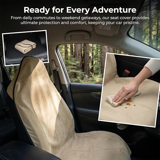 Car Towel Seat Cover, Waterproof Non-Slip Automotive Towel Protective Cover, Sweat-Proof Machine Washable Removable Carseat Vehicle Front Seat Mat Protector, Universal Fit (Beige) - Image 4
