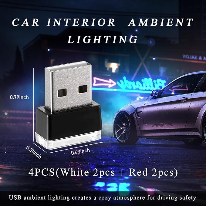 Yourkar 4 PCS USB LED Car Interior Atmosphere Lamp, Plug-in USB Interface Trunk Ambient Lighting Kit, Night Led Decoration Mini USB Light, Universal Interior Car Accessories (White+Red) - Image 2