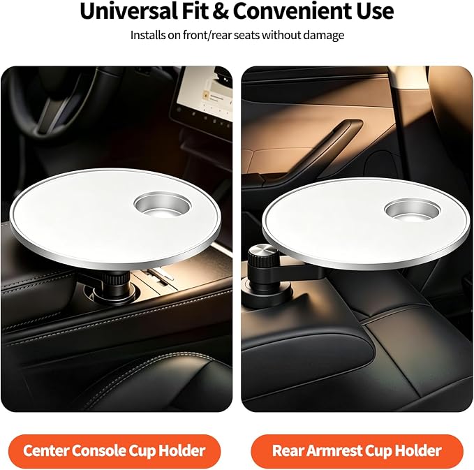 Round Car Desk Laptop Table, for Tesla & for Ford (White) | Cup Holder Tray ABS Car Table Tray, Car Accessories for Tesla Model Y/3/S, for Ford Explorer Maverick & Most Vehicles - Image 3