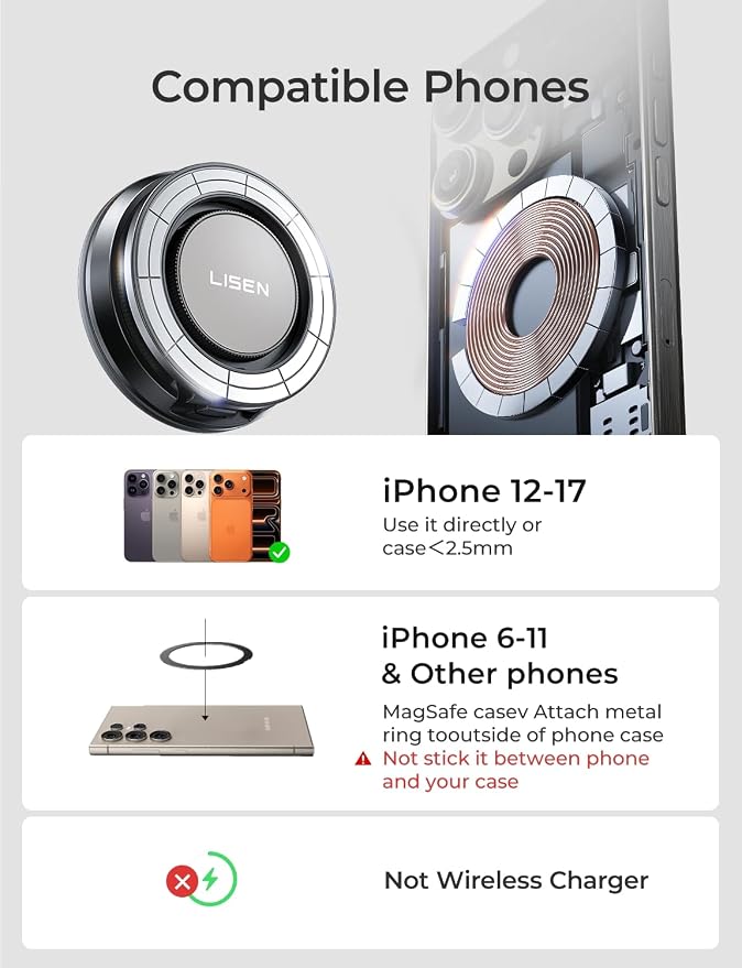 LISEN Suction Phone Mount for Vacuum, 360 Adjustable Vacuum Magnetic Phone Holder for Car [All Metal & Nano Gel Super Strong Suction] for Magsafe Mount for iPhone 17 Pro Max 16 15 14 13 12, Silver - Image 5