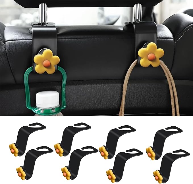 8PCS Car Headrest Hooks, Cute Flower Vehicle Seat Organizer Hooks for Purses and Bags, Portable Automotive Purse Hanger Holder Decoration, Universal Car Accessories for SUV, Sedan, Truck (Dark yellow) by Unknown
