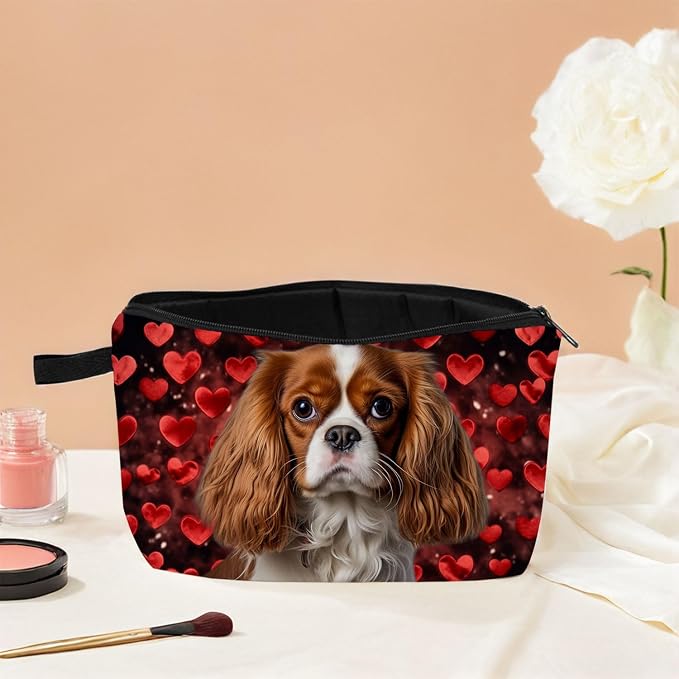 Cavalier King Charles Spaniel Makeup Bag Red Heart Background Adorable Dog Print Cosmetic Pouch for Dog Lovers Travel Toiletry Organizer Gift for Pet Enthusiasts - Image 5