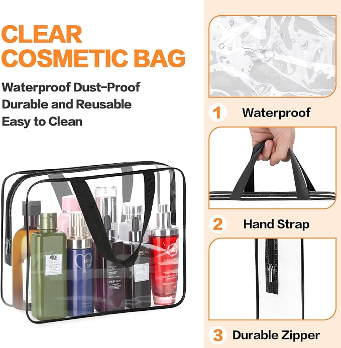 HAOGUAGUA 2-Piece Large Clear Makeup Cosmetic Organizer Bag, Plastic Tote Bags, Waterproof Transparent Handbag Purse - Image 3