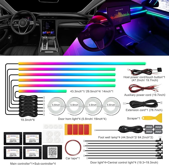 Dreamcolor Acrylic Interior Car LED Strip Light with Wireless APP, RGB 22 in 1 with 175 inches 593 LEDs Fiber Optic Ambient Lighting Kits, 16 Million Colors Sound Active Function Car Neon Lights - Image 2