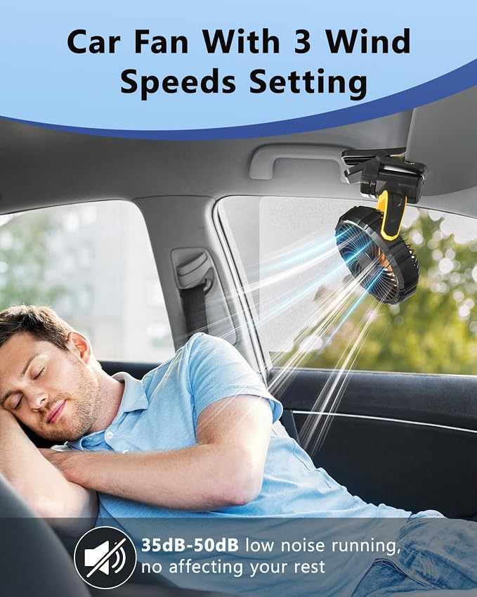 Battery Powered Fan for Car Visor Back Seat Roof Handle (Yellow) | 2000mAh Rechargeable Clip On Fan for Car SUV Van RV Pickup Truck Camping Desk Bed Stroller Baby Crib, Quiet, 360 Rotation - Image 6