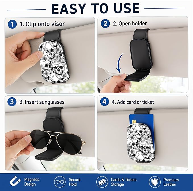Leather Magnetic Sunglass Holder for Car Sun Visor, Cute Eyeglass Ticket Card Hanger Clip, Universal Auto Interior Accessories for SUV Pickup Truck, Skull Floral - Image 5