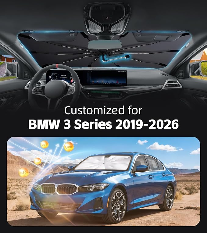 Windshield Sun Shade for BMW 3 Series 2019-2026 with 360° Rotating Shaft | Custom Fit Umbrella Sunshade for UV Blocking, Interior Heat Protection, Easy Storage, UPF 50+ Cool Windshield Cover - Image 2