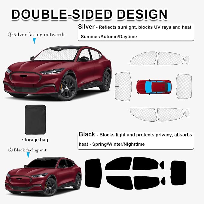KMF Thicken Sun Shades for Ford Mustang Mach-E 2021-2025 Accessories, Custom Fit Car Window Covers for Windshield Side Rear, UV Block and Blackout Protect Privacy for Camping Full Coverage 8pcs - Image 3
