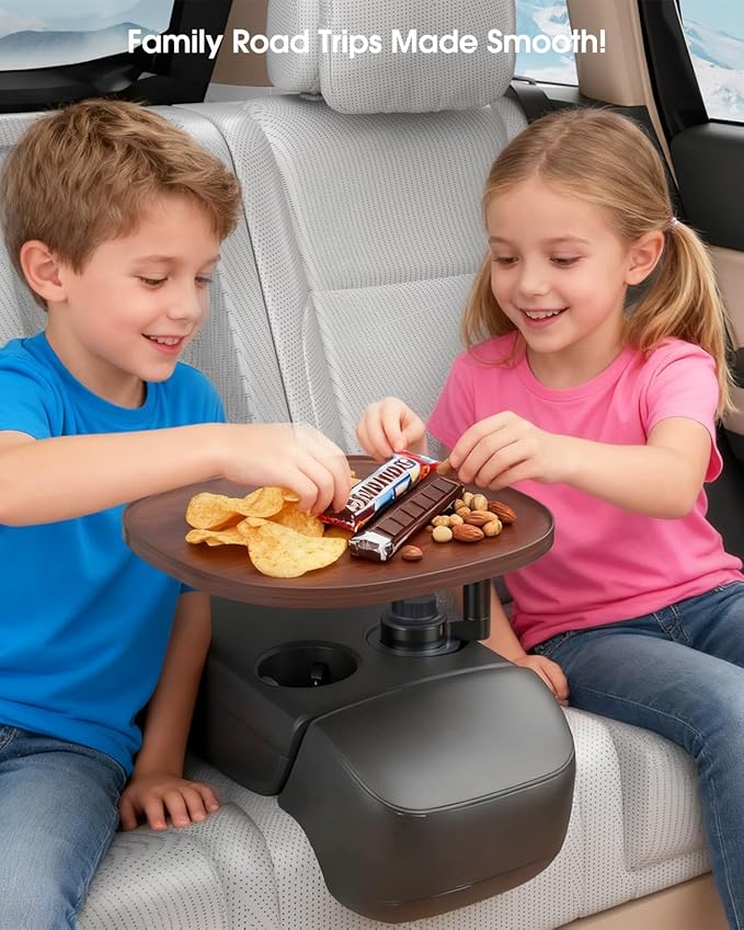 Car Tray Table & Car Laptop Desk with 360° Rotation & Phone Holder - Wooden Cup Holder Table, Car Laptop Mount & Food Tray Compatible with Tesla Model Y/3/S and Most Vehicles Walnut - Image 4