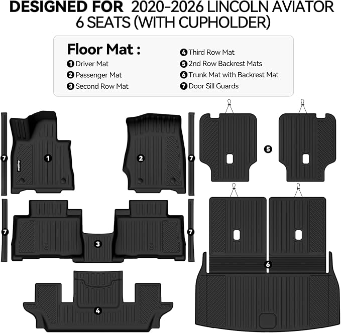 Floor Mats for 2020-2026 Lincoln Aviator 6 Seats(with Cupholder) | Trunk Mat and 2nd/3rd Backrest Mat & Door Sill Guard All Weather TPE Protector Odorless Interior Accessories Floor Liners - Image 2