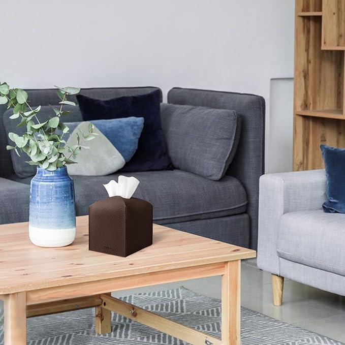 Tissue Box Cover Holder Square Tissue Cube Cover PU Leather Tissue Organizer with Bottom Belt for Bathroom, Tabletop, Car, Night Stands, Office, Home, Kitchen (1, CoffeeBrown) - Image 2
