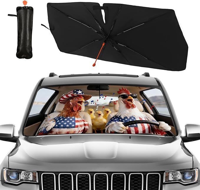 American Flag Chicken Car Windshield Sunshade Umbrella Funny Rooster Singing Sun Shade for Car Windshield Umbrella Upgraded Sunshades Blocks UV & Heat Front Window Shades for SUV Sedan Auto - Image 2