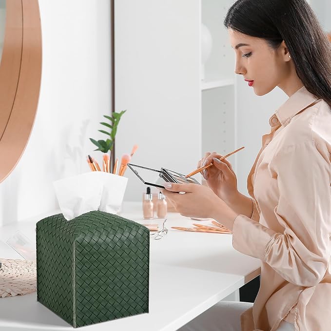 Tissue Box Cover Square Leather Facial Paper Holder, Dark Green | PU Leather，Easy to Fill, Easy Clean, Decorative Cube Tissue Box Holder for Office, Bathroom,Kitchen, Living room, Guest room - Image 3