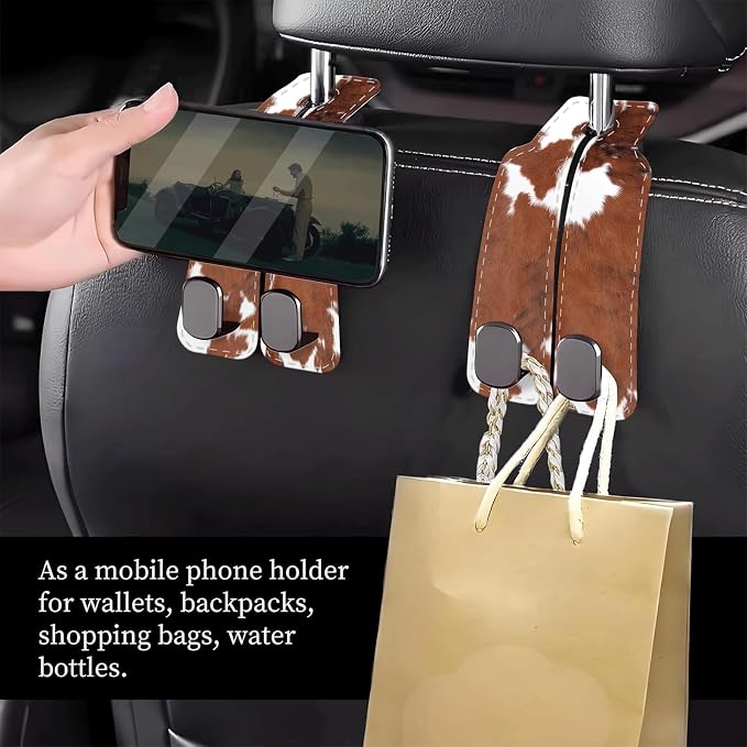 Car Seat Headrest Hook, Universal Leather Cute Hanger Holder Hook, Storage Organizer Interior Accessories for Purse Bags Handbag Brown White Cowhide - Image 2