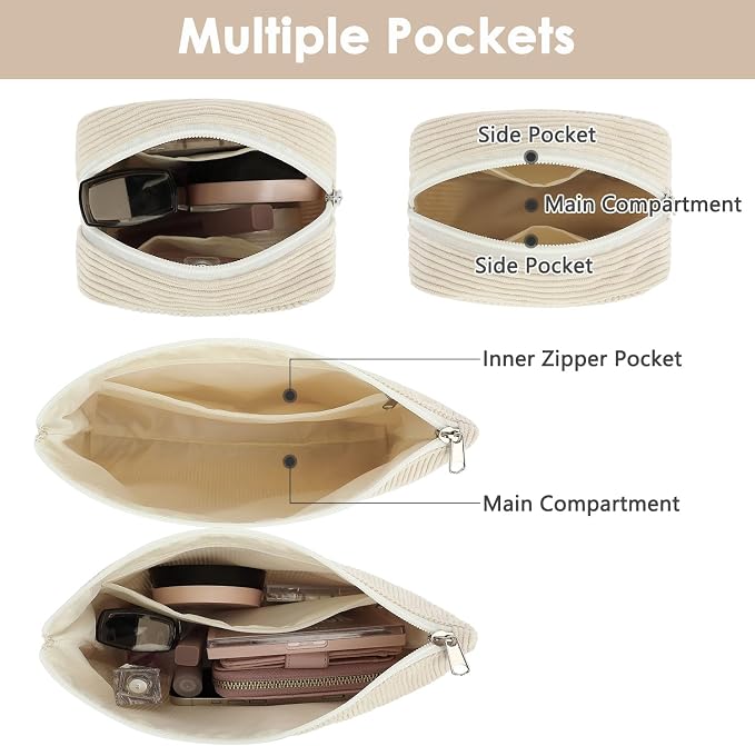 Fammart Corduroy Makeup Bag, Travel Cosmetic Bag Organizer Toiletry Bag Make Up Bags with Zipper & Compartments for Women Girls, 2PCS - Image 3