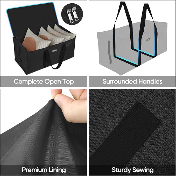BALEINE Extra Large Storage Tote with Zippers & Carrying Handles, Heavy-Duty Oxford Fabric Moving Bags for Laundry, Space Saving, Storage, 2-Pack, Charcoal Black - Image 4