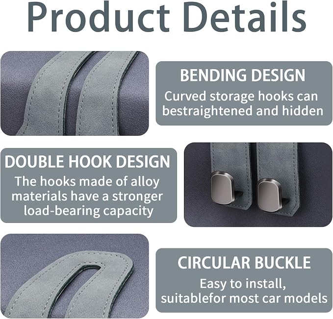 2 Pack Car Seat Headrest Hooks for Purses and Bags, Car Purse Holder With Double Metal Hooks, Headrest Back Seat Handbags Hook, Universal Car Purse Hanger, Cute Car Hanging Accessories, Grey - Image 4