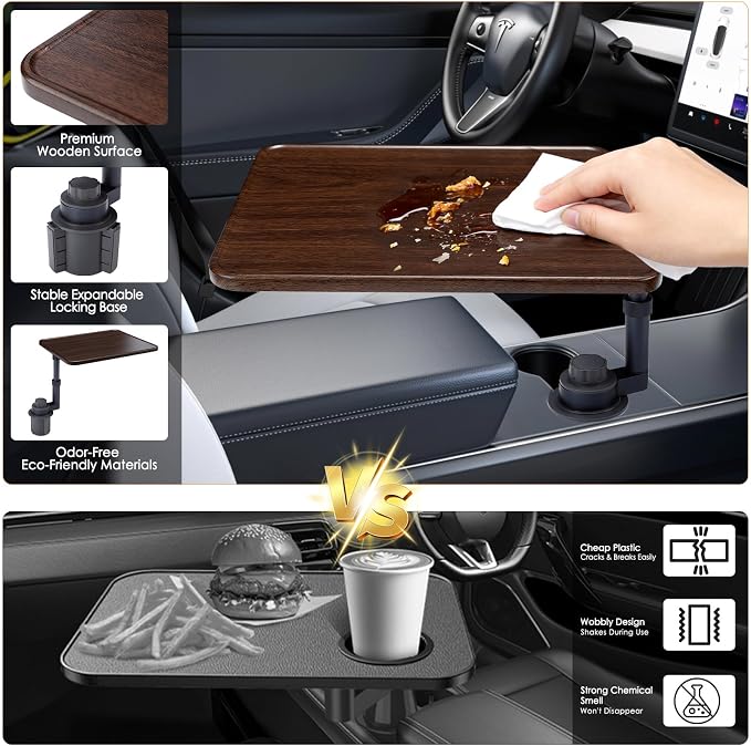Car Desk for Laptop, 360° Swivel, Height Adjustable Wood-Grain Tray | Tool-free install, fits 2.8"-3.9" cup holders. Scratch-resistant wood-grain finish. For laptop work, dining, or passenger use - Image 6