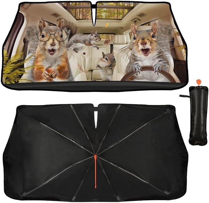 Funny Squirrel Car Windshield Sunshade Umbrella Car Foldable Umbrella Sunshade for Front Window UV Reflector Auto Windshield Umbrella Sun Shades Cover for Most Vehicles 57'' X 30'' by Socira
