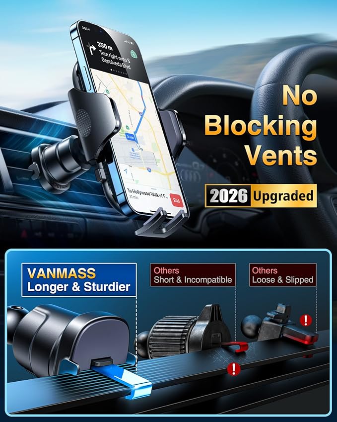 [True Military-Grade] Car Phone Holder VANMASS [Upgraded Strongest Suction&Clip] Cell Phone Mount for Dashboard Windshield Vent Kit, Truck Cradle Stand for iPhone 17 Pro Max 16 15 14 Android,Ink Black - Image 6