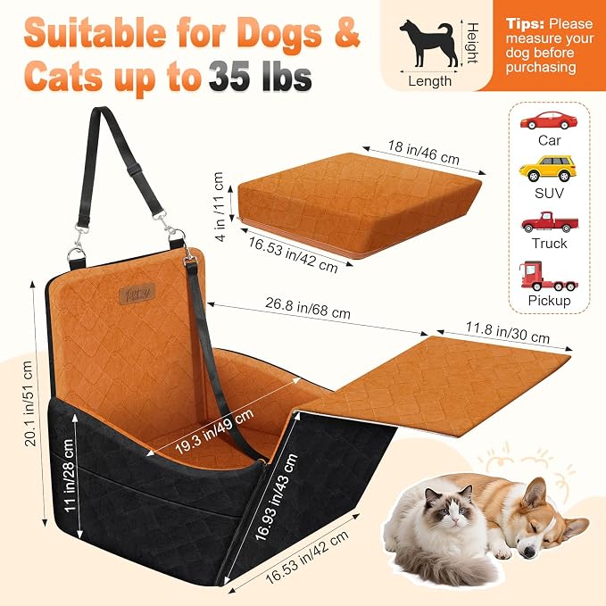 Elevated Dog Car Seat for Small and Medium Dogs Up to 35 lb | 4" High-Density Foam Dog Car Bed, 2 Storage Pockets,3 Safety belts,Fully Removable and Washable for Easy Care,Black+Brown - Image 3