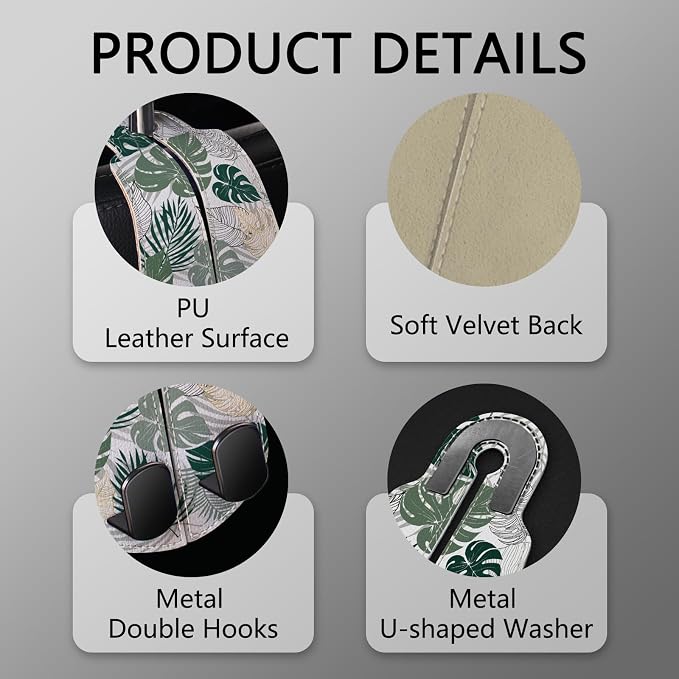 Blusabaca 2PCS Car Seat Headrest Hooks, Purses Bags Holder, Tropical Leaf | PU Leather, Double Metal Back Storage Hangers for Grocery Bags Handbags Bottles Coats Phones, Car Accessories Organization - Image 4