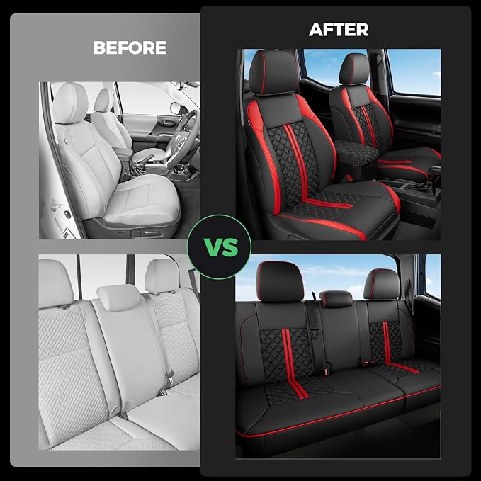 RIDEPOSH Custom Leather Seat Covers for Toyota Tacoma Double Cab 2016-2023 | full set, BKred, OEM fit, premium waterproof leather, anti-slip, extra pockets, long-term durability, airbag compatible - Image 7