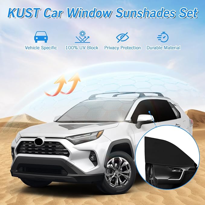 KUST Windshield Sun Shade Umbrella for Toyota RAV4 2019 2020 2021 2022 2023 2024 2025 Rear Window Shades 100% UV Protection and Blackout Privacy 5PCS Car Window Covers Accessories - Image 2