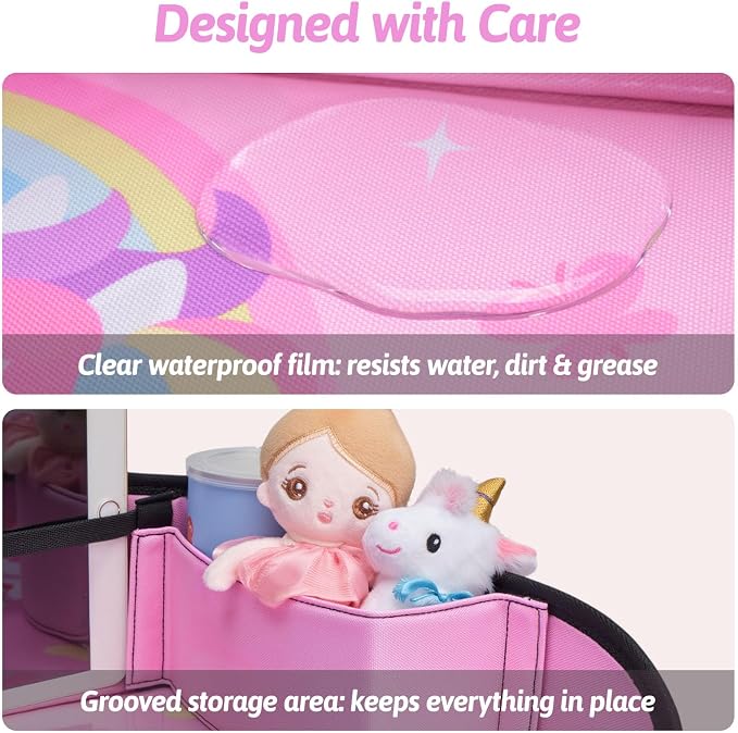 Kids Travel Tray for Car, Girl's Safety Seat Table | Weight-Relief Strap, Non-Skid Silicone Base, Waterproof Dining/Craft Mat, Carseat/Airplane Lap Desk - Image 5